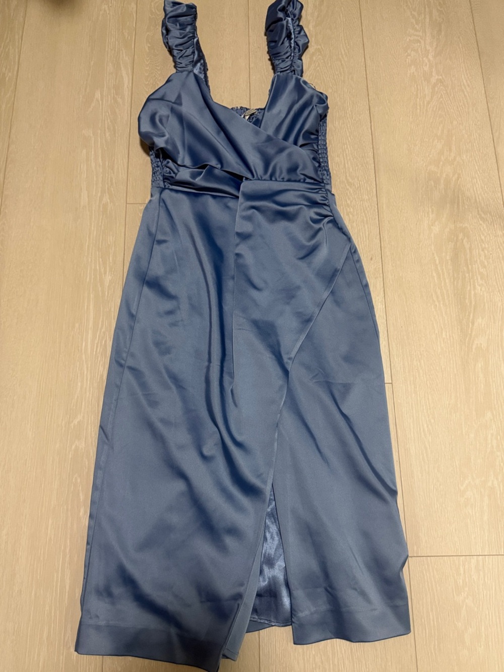 By Anthropologie Light Blue Satin Sweetheart Midi Slit Dress - Picture 3 of 14